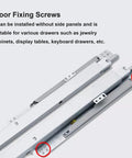 Undermount Drawer Slides Soft Close Full Extension Ball Bearing Rails Bottom Mount Concealed Dresser Slides 28 Inch Cabinets 100 Lb Load Capacity No Fuss Easy Assembly With Pre Drilled Holes Durable Steel Construction; close-up of floor fixing screws