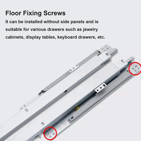 Undermount Drawer Slides Soft Close Full Extension Ball Bearing Rails Bottom Mount Concealed Dresser Slides 28 Inch Cabinets 100 Lb Load Capacity No Fuss Easy Assembly With Pre Drilled Holes Durable Steel Construction; close-up of floor fixing screws