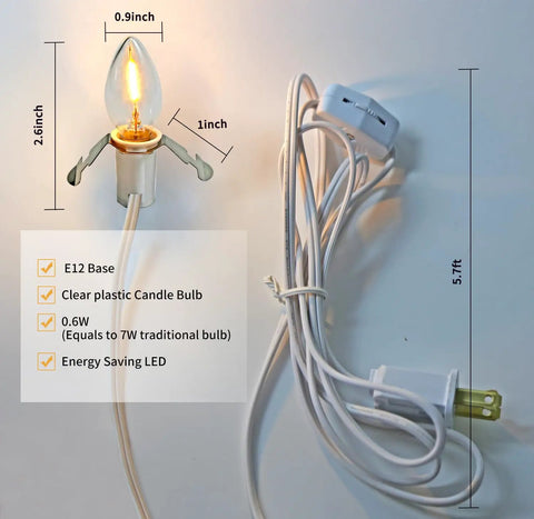 Two Pack LED Light Cords With 6 Feet White Wire And On Off Switch, C7 Candelabra Bulbs And Clips on visible 5.7 ft cord