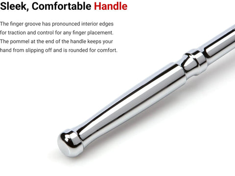 Close-up of sleek chrome handle on 3/8 Inch Drive 12 Inch Flex Head Quick Release Long Ratchet With 180 Degree Flex 9 Detent Angles And 90 Tooth Gear For Tight Spaces And One Hand Use Heavy Duty, showing finger groove and rounded pommel for comfort and grip.