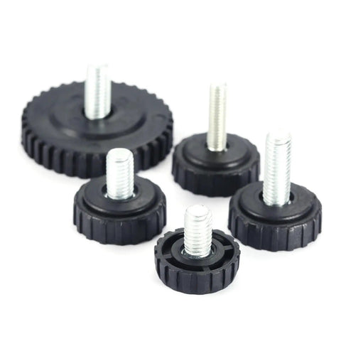 Screw On Furniture Glide Leveling Foot Set For Tables And Desks, five adjustable diameter leg levelers, rust resistant.