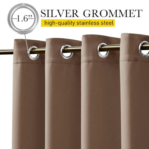 Close-up of silver grommets in two panels weighted blackout outdoor curtains for patio and pergola waterproof and thermal insulated.