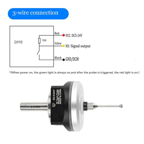 3D Edge Finder Touch Probe For CNC Machines And DIY Routers With 6mm Shank And 2.0mm Tungsten Ball Tip, 2M Cable