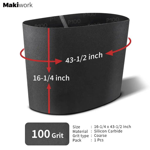 100 Grit Drum Sander Feed Belt For Woodworking, Silicon Carbide Belt, 16-1/4 Inch Wide By 43-1/2 Inch Circumference, Bi-Directional