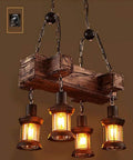 Industrial Vintage Wooden Pendant Light With Glass Lanterns, 4 Light Loft Chandelier for coffee shops and restaurants