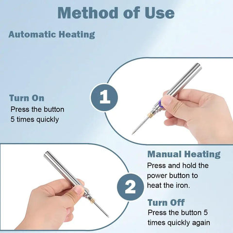 Instructions for using Cordless Soldering Iron Kit With 1100mAh USB Battery, showing automatic heating mode
