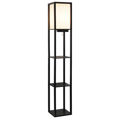 Black Floor Lamp Etagere Organizer With Linen Shade 3 Shelf Storage Stand Built In USB Ports And Charging Outlet Cozy Accent Lighting