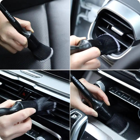 Using Five Piece Boar Hair Car Detailing Brush Set With Ultra Soft Scratch Free Interior Brushes for cleaning car air vents and dashboard.