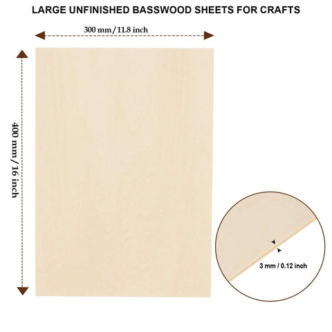Front view of a 12 x 16 inch unfinished basswood sheet, 3 mm thick, for crafts.