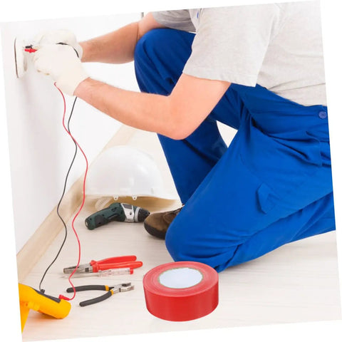 Heavy Duty Outdoor Seam Tape For Plumbing Leaks And Weatherproofing Sealant Duct Tape Repair Tape Leak Stop Tape For Pipes Hoses Roofs And Appliances Flexible All Purpose Tape showing red roll near electrician tools with person working on wall outlet