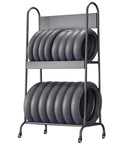 Heavy Duty Tire Display Rack For Garage And Repair Shop Floor Stand Spare Tire Holder Dual Shelf Auto Mechanic Organizer Solid Steel Workhorse Build with tires.