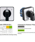 Heavy Duty 20A 660V Rotary Cam Changeover Switch SZW26-20/C02.1 for motor control shown in front and side views with 2-position dial.