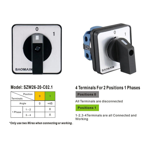 Heavy Duty 20A 660V Rotary Cam Changeover Switch SZW26-20/C02.1 for motor control shown in front and side views with 2-position dial.
