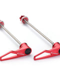 Ultralight Titanium Quick Release Skewer Set For Mountain Bike Red Beefed Up With Easy One Hand Quick Release, two skewers displayed.