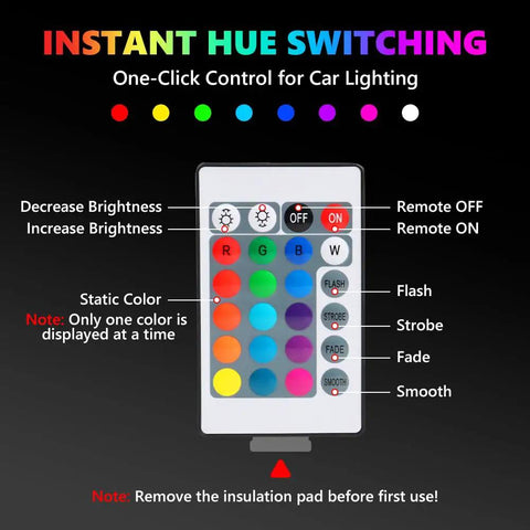 Remote control for Dodge Charger Dope RGB Full LED Side Marker Lights Kit For 2015-2023, showing color and mode buttons.