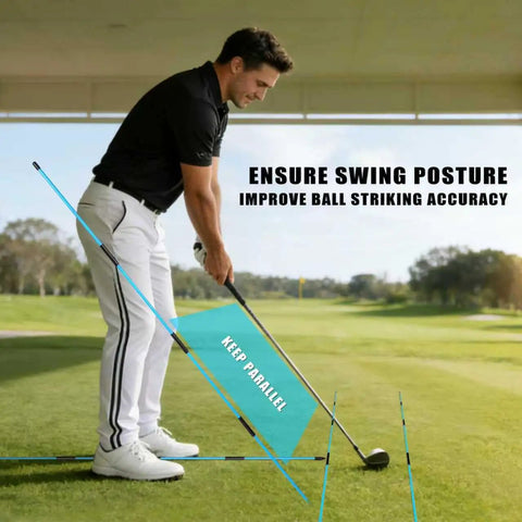 Golfer using Foldable 40 Inch Golf Alignment Sticks 4 Pack Dope Drill Set for Posture Correction and Dead On Shot Accuracy Training Aid