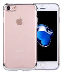 Rose gold smartphone with black screen displayed, featuring a transparent protective case with silver accents, showing front and back views.