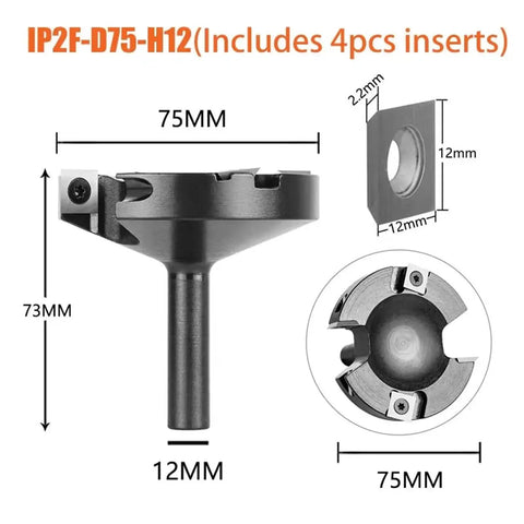 Heavy Duty Two Flute Wood Planer Router Bit With Carbide Tipped Cutters For Slab Surfacing And Spoilboard Prep. 12mm shank, 75mm diameter.
