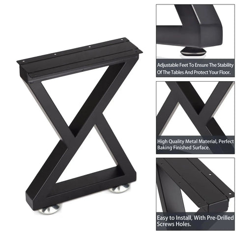 Beefy 16 Inch Metal Table Legs Set Of 2 In Black for DIY, showcases heavy-duty steel pipe with adjustable feet and pre-drilled holes.