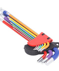 Top Tier Hex Wrench Set Anti Slip Multi Color Long Arm Key Kit Perfect For Small Appliances And Home Repairs With Color Coded Design For Quick Size Selection And Easy Grip Handle To Make Tightening Jobs A Total Breeze Every Single Time. color-coded alloy steel hex keys in holder