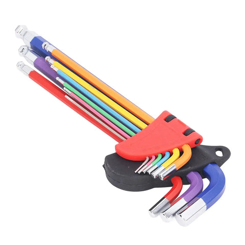 Top Tier Hex Wrench Set Anti Slip Multi Color Long Arm Key Kit Perfect For Small Appliances And Home Repairs With Color Coded Design For Quick Size Selection And Easy Grip Handle To Make Tightening Jobs A Total Breeze Every Single Time. color-coded alloy steel hex keys in holder