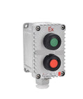 Explosion-proof IP65 aluminum push-button control box with two momentary buttons, green and red.