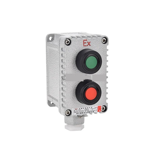 Explosion-proof IP65 aluminum push-button control box with two momentary buttons, green and red.