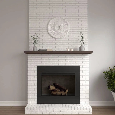 Palmetto Ceiling Medallion 20 7/8 Inch Outer Diameter And 3 5/8 Inch Inner Diameter With 1 5/8 Inch Projection on white brick wall
