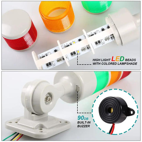 Heavy Duty Five Tier Signal Tower Stack Lights With Rotatable Base And Built In Sounder Alarm Steady Flashing Options For Busy Manufacturing Floors Tough Shell Design Straight Wire Connection Rock Solid Reliability Guaranteed Performance