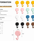 Sixteen Pack Dead Easy Colorful Adhesive Wall Hooks Self Stick Strong Tape No Drill Renter Friendly Low Key Decorative Style Quick Mount Organization For Any Space Major Room Refresh display showing multicolor adhesive wall hooks with specifications.