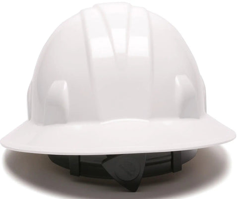 Front view of Full Brim Hard Hat With 4 Point Ratchet Suspension White 12 Pack Built Tough Durable HDPE Shell