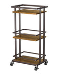 Slick Industrial 3 Tier Bar Cart With Smooth Rolling Wheels Antiqued Wood And Steel Liquor Cabinet For Home Bar Setup Serving Station showcasing 3 wooden shelves.