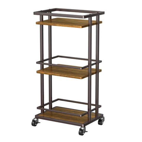 Slick Industrial 3 Tier Bar Cart With Smooth Rolling Wheels Antiqued Wood And Steel Liquor Cabinet For Home Bar Setup Serving Station showcasing 3 wooden shelves.