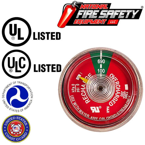 20 Pack UL Listed 100 PSI Water Fire Extinguisher Gauge for Stainless Steel with pressure dial and safety certifications.
