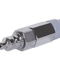 Close-up of air hose connector, featuring chrome finish, compatible with Ultra Lightweight Contractor Air Hose With True Kick Ass Kink Resistance Hella Tough All Weather Body For Framing Roofing And Seamless Steady Airflow Every Single Day On The Job Site.