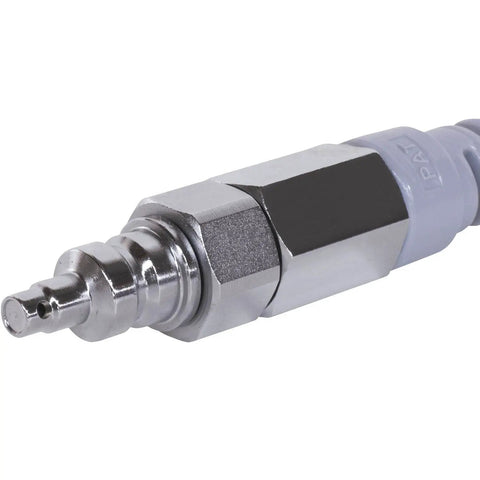 Close-up of air hose connector, featuring chrome finish, compatible with Ultra Lightweight Contractor Air Hose With True Kick Ass Kink Resistance Hella Tough All Weather Body For Framing Roofing And Seamless Steady Airflow Every Single Day On The Job Site.