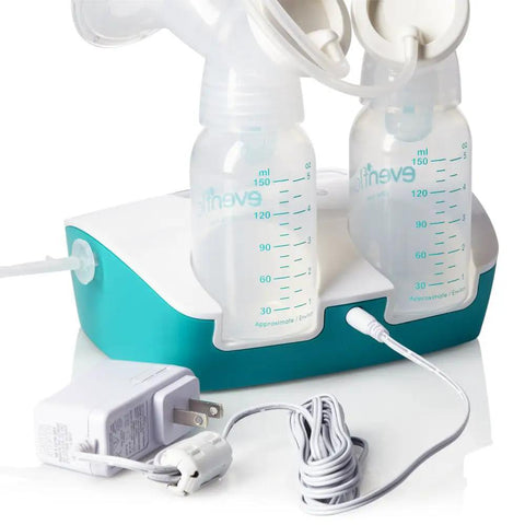 Hospital Strength Double Electric Breast Pump With Custom Suction Controls And Lowkey Quiet Motor To Keep Pumping Sessions Smooth Plus Wall Battery Car Adapter And Spare Parts Included with two bottles and power adapter.