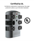 Six Outlet Power Strip Surge Protector With Rotating AC Outlets And Flat Pivot Plug featuring UL certification.
