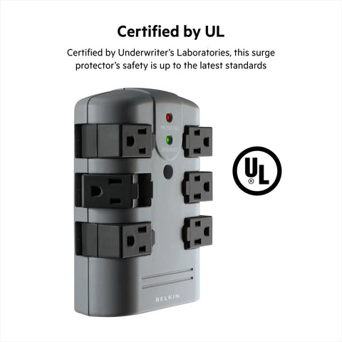 Six Outlet Power Strip Surge Protector With Rotating AC Outlets And Flat Pivot Plug featuring UL certification.