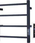 Black wall-mounted Electric Heated Towel Warmer Rack with Timer, 6 stainless steel bars, plug-in, with digital control panel