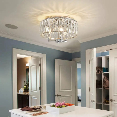 K9 Crystal Flush Mount Ceiling Light Fixture In Chrome Finish For Living Room, Bedroom, And Dining Room Sparkling Crystal Sticks Lampshade, Modern Ceiling Light illuminating room