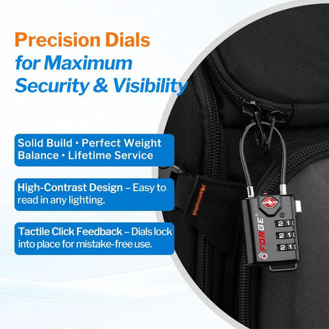Durable Luggage Locks With Resettable Combination And Alloy Body For TSA Recognition attached to black backpack zipper