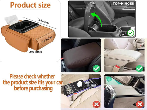 5 In 1 Armrest Cushion Organizer For Sedans with product size and fitting examples for center console installation