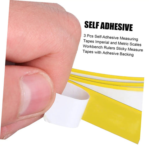 Close-up of a hand peeling a self-adhesive measuring tape from a roll, showcasing the Peel And Stick Measuring Tape Ruler With Double Scale Metric And Imperial Marks Solid For Router Tables And Craft Tasks Clear Numbers That Get The Job Done Quick Pack Of Three Forty Inch Adhesive Strips You Gotta Keep On Deck For Shop Projects.