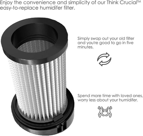 Think Crucial easy-to-replace humidifier filter with black top, designed for quick installation and effective air humidification.