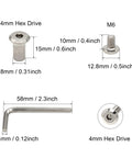 Heavy Duty M6x10mm Hex Socket Cap Bolts And Zinc Plated Barrel Nuts 10Pack Kit With Allen Wrench measuring dimensions and specifications.