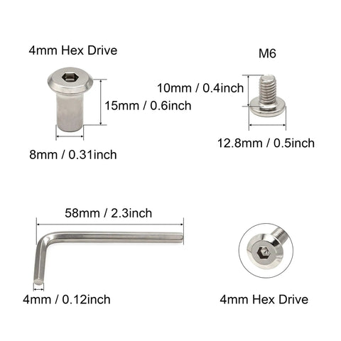 Heavy Duty M6x10mm Hex Socket Cap Bolts And Zinc Plated Barrel Nuts 10Pack Kit With Allen Wrench measuring dimensions and specifications.