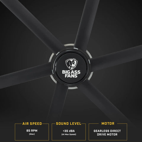 Heavy Duty 12 Ft Industrial Ceiling Fan With Six Blades And Whisper Quiet Gearless Direct Drive Motor Sharp Stealth Black Finish for airflow control.
