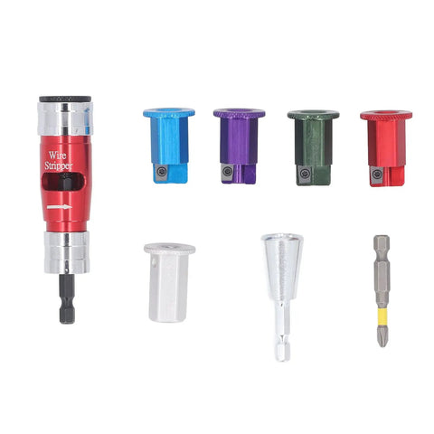 Heavy Hitter Electric Drill Wire Stripper Attachment includes red wire stripper and various colored adapter bits for stripping 6 8 10 12 14 AWG wires.