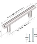 10 Pack Euro T Bar Cabinet Pulls 3 Inch Hole Centers Stainless Steel Kitchen Drawer Handles, dimensions and screws shown.